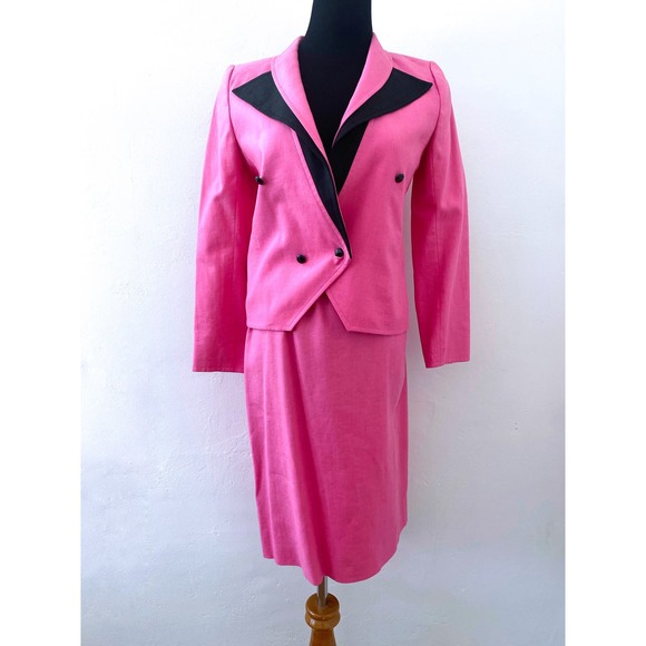 Vintage Valentino Night Skirt Suit Double Breasted 2 Pc Set Pink Black Womens 10